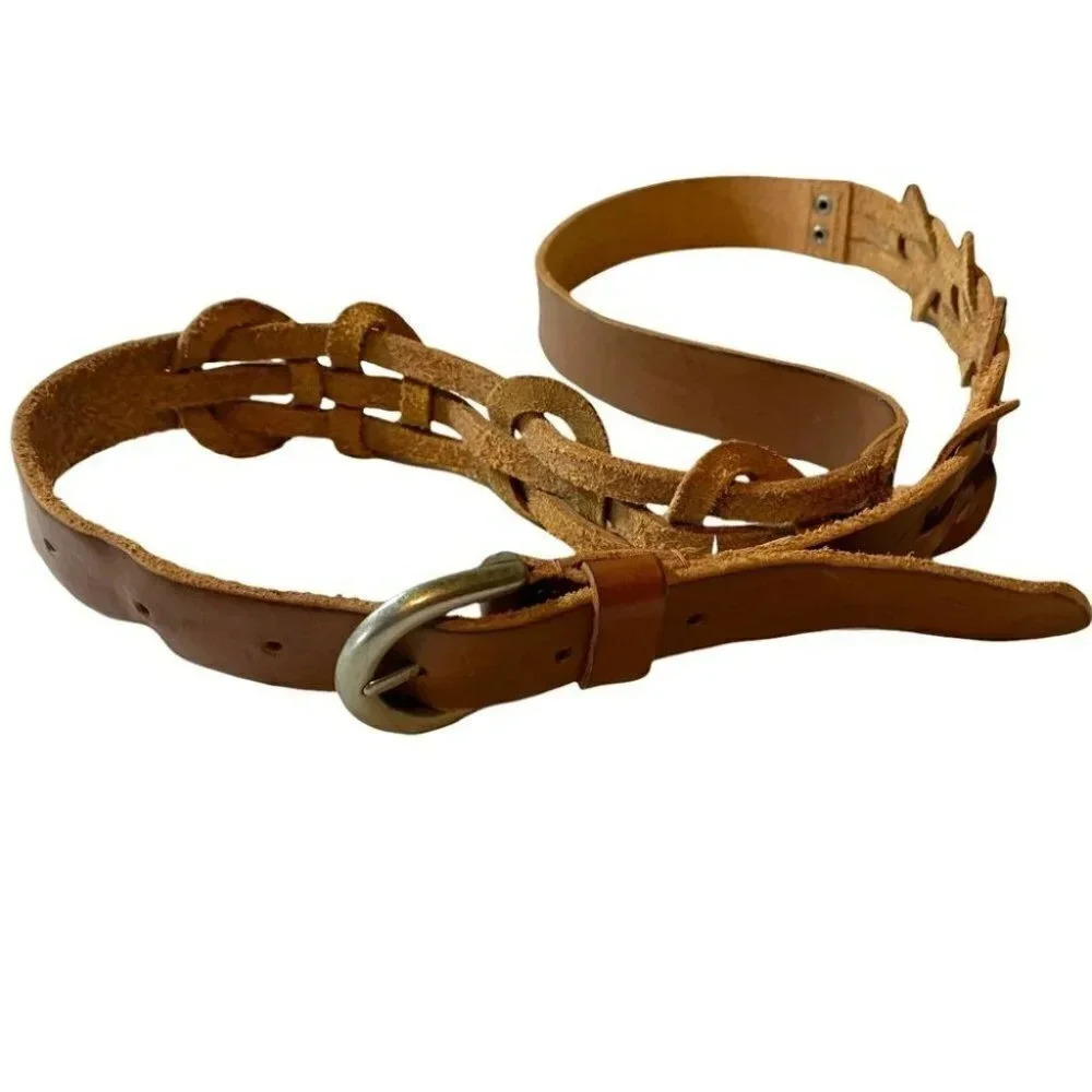 American Eagle Leather Belt M Brown Braided Interlocking Ring Boho‎ Western